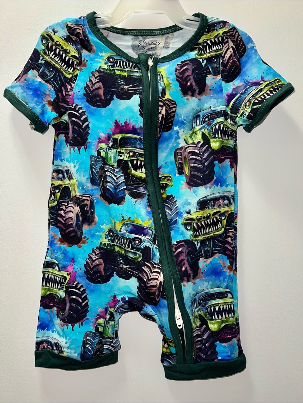 Toddlers' Monster Truck Zip-Front One-Piece Bodysuit - Blue/Green